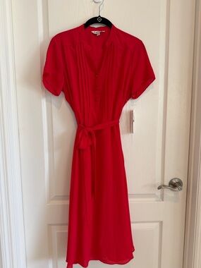 Nanette Lepore Crimson Red Tie Waist Midi Dress Size 4 Pleated Button Front NWT